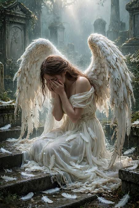 Hyper-realistic gothic art of a fallen angel in a graveyard