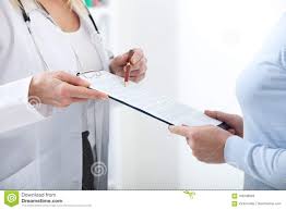 Female Doctor Holding Application Form While Consulting Patient At