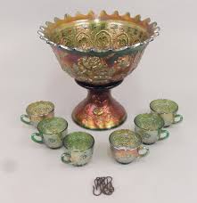 Fenton Green Carnival Glass Punchbowl Set