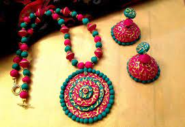 sowjy embossed design terracotta set in green and pink jewelry set terracotta jewelry