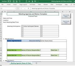 Meeting Agenda Template With Notes And Filters Macro Enabled Excel File