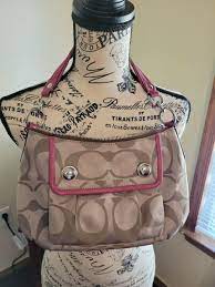 Coach No K0972-13833 Poppy Khaki Signature Pink Leather Trim Shoulder Bag  (GUC) | eBay