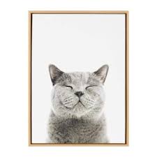 kate and laurel sylvie smiling cat framed canvas wall art by amy peterson 18x24 natural adorable animal wall decor
