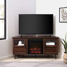 Welwick Designs 54 In Dark Walnut Wood Electric Fireplace Corner Tv Stand Fits Tvs Up To 60 In With Split Glass Doors