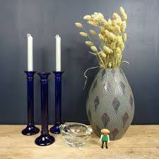 3 very tall navy blue glass candle