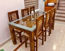 6 seater gl top wooden dining table set