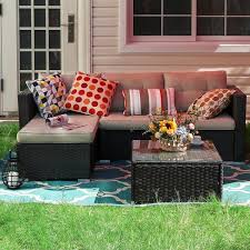Phi Villa Black Rattan Wicker 3 Seat 3 Piece Steel Outdoor Patio Sectional Set With Beige Cushions And Coffee Table