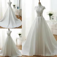 Details About A Line Satin Wedding Dresses High Neck Illusion Lace Top Satin Bridal Gown Plus