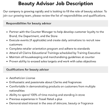 beauty advisor job description velvet