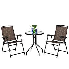 This chic outdoor dining set features a square table surrounded by four sturdy arm chairs. Costway 3pc Bistro Patio Garden Furniture Set 2 Folding Chairs Glass Table Top Steel Walmart Com Walmart Com