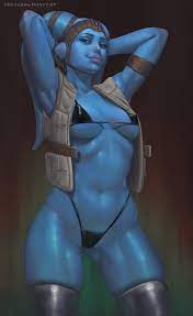 apulaz (crossbow pussycat), mission vao, twi'lek, star wars, star wars:  knights of the old republic, highres, 1girl, alien, armpits, arms behind  head, arms up, bikini, black bikini, blue eyes, blue hair, blue
