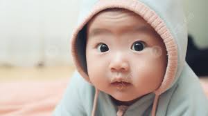 baby asian boy looking around with one