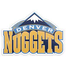 A blue snowcapped mountain peak over nuggets script in yellow. Nba Denver Nuggets Logo Outdoor Decal Bed Bath Beyond