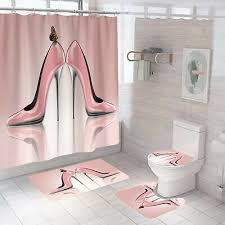 Pink High Heel Curtain Bathroom Rug Set