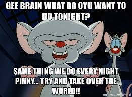 The quote is from me…a variation of what is said on the show. Gee Brain What Do Oyu Want To Do Tonight Same Thing We Do Every Night Pinky Try And Take Over The World Pinky Brain Meme Generator