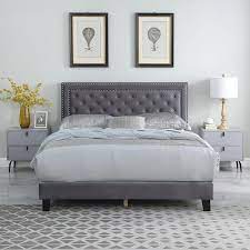 Gray Velvet Tufted Queen Bed Frame