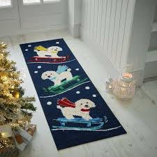 snowy dogs washable runner blue by