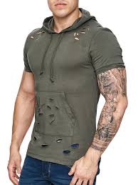 Nice Slim Fit Muscle Fitted Ripped Hooded T Shirt