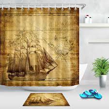 100 Polyester Fabric Ancient Nautical Charts Shower Curtain Bathroom Bath Mat Ebay