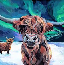 Highland Cow And Northern Lights Wall