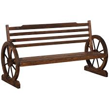 Outsunny Wooden Wagon Wheel Bench 3 Person Rustic Slatted Seat Outdoor Patio Furniture Brown