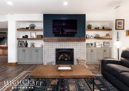 room fireplace blue shiplap accent wall