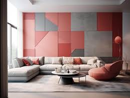 a living room with a red and grey wall