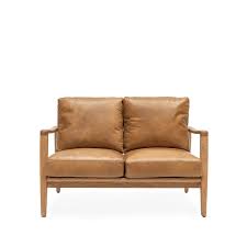 reid 2 seater tan leather natural frame