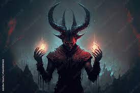 a painting of a demon with horns and blood dripping from his hands, dark  fantasy art illustration Illustration Stock | Adobe Stock