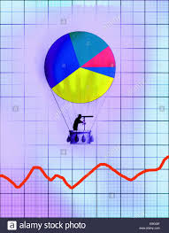 Man With Telescope In Pie Chart Hot Air Balloon Stock Photo