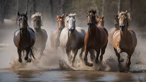 several horses running on the water