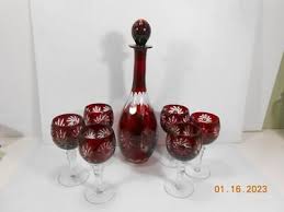 Clear Ruby Red Crystal Set Decanter