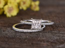 1 Carat Princess Cut Moissanite Engagement Ring Set Diamond Wedding Band 14k White Gold Art Deco Half Eternity
