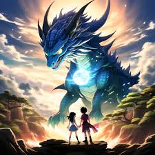 behind her there is a blue dragon
