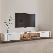 Homary Wall Mounted Fluted Tv Stand With 2 Drawers And Flip Glass Doors Stone Top Media Console