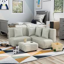 Furniture Of America Sami Gray Gingham Kids Sofa Sectional With Ottoman