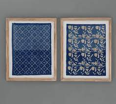 Framed Hand Painted Blue Textile Wall