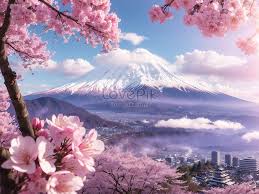 fuji mountain and cherry blossoms in