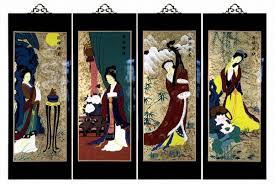 Set Of 4 Oriental Lacquered Painting