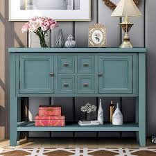 46 In Dark Blue Rectangle Wood Console Sofa Table Buffet Sideboard With 4 Storage Drawers 2 Cabinets And Shelf