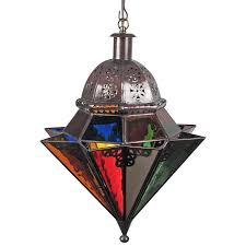 8 Point Colored Glass And Punched Tin Hanging Light Fixture