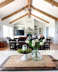 white vaulted ceilings with wood beams