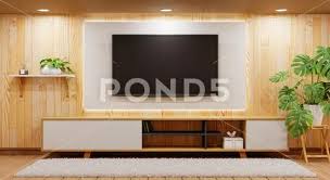 Tv Above Wooden Cabinet In Modern Empty