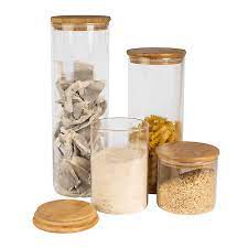 set of 4 glass storage jars with bamboo