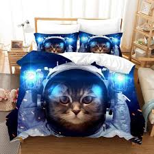 3d Blue Astronaut Cat Kitty Quilt Cover