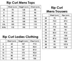 Rip Curl Mens Ladie Size Chart Top Troussers Clothing