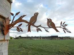 Rusty Metal Birds On A Branch Garden