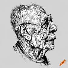 Pen illustration, black and white, face of elderly person with wrinkles,  extremely detailed, white background, whole head and torso (not cut from  background)