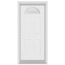 Stanley Doors 36 In X 80 In Geometric Right Hand Half Moon Lite Brass Finished Fiberglass Oak Woodgrain Prehung Front Door Prefinished White Brass