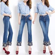 Summer Autumn Korean Style High Waist Thin Stretch Embroidery Jeans Women Gorgeous Flower Decoration Comfortably Cropped Pants Ladies